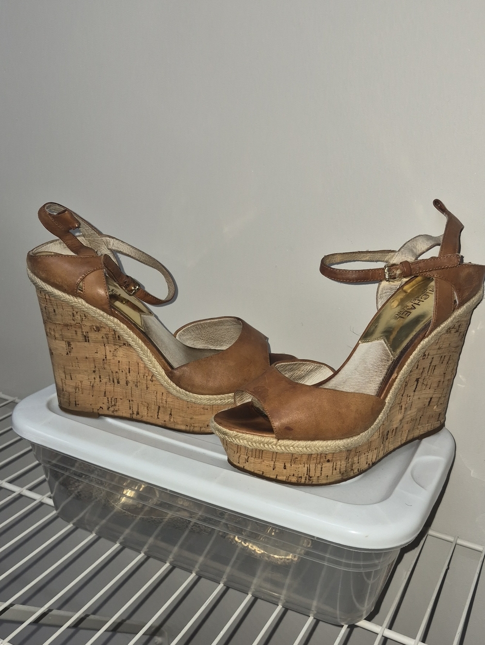 MICHAEL Michael Kors Tan Cork Wedge Sandals with Ankle Strap